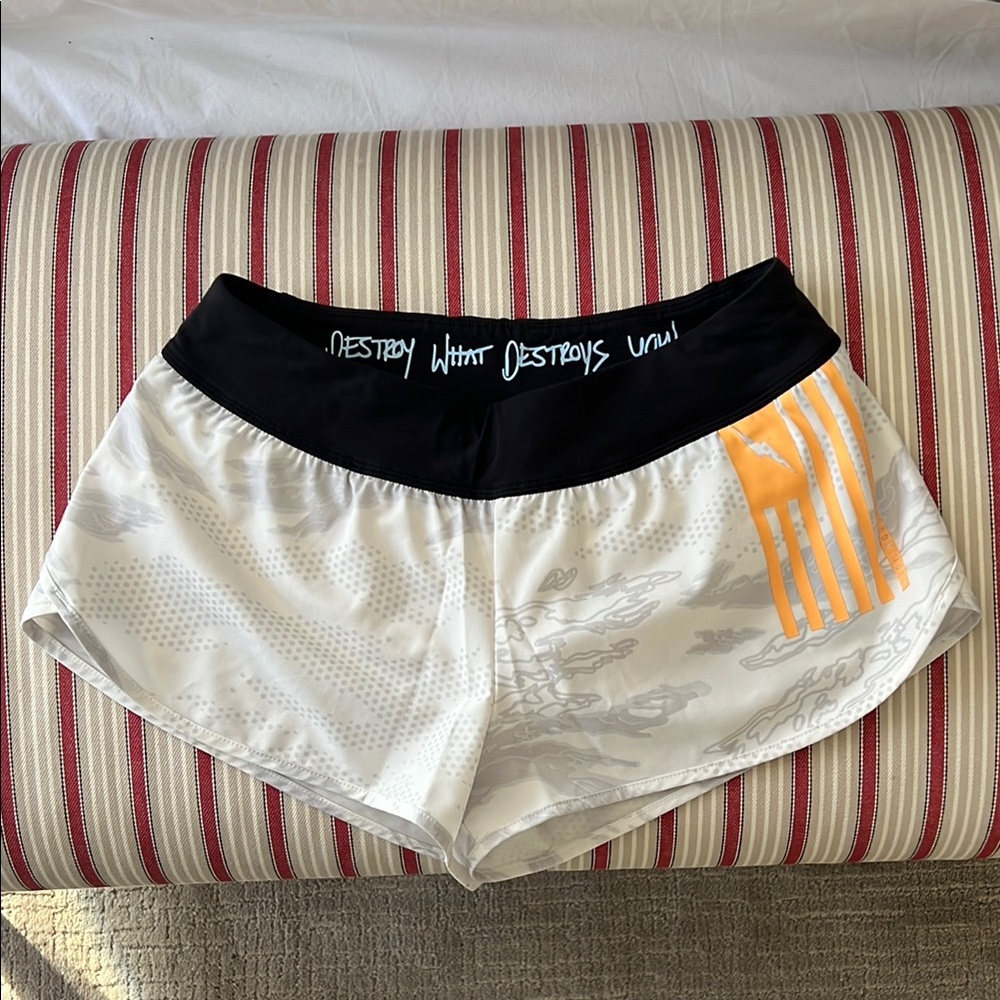 Adidas White and Black Athletic Shorts with Orange Stripes